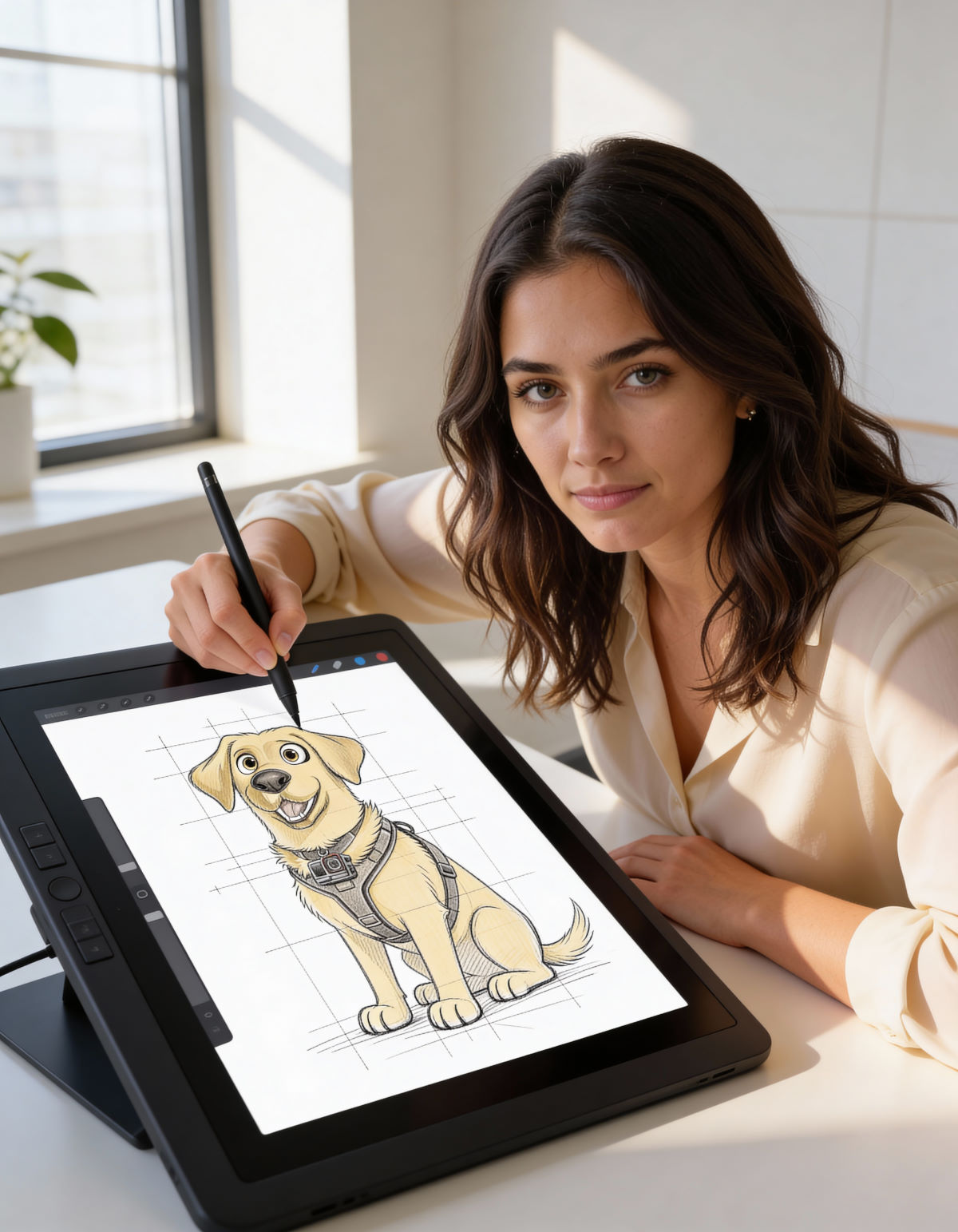 Ilustratorka pri delu v pisarni, risanje pasjega lika na grafični tablici